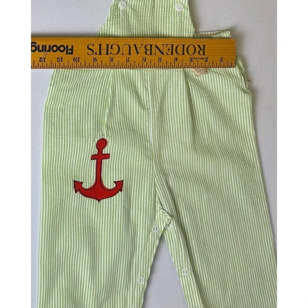 Penney's Seersucker Overalls Kids‎ Size 18M Green White Vintage Anchor Nautical